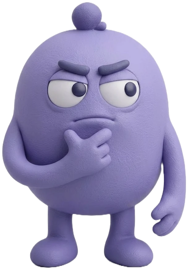 Personaje morado pensativo, con la mano en la barbilla
